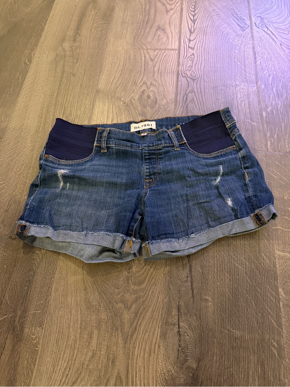 DL1961 Women's Blue Denim Maternity Jean Shorts with Roll Cuffs